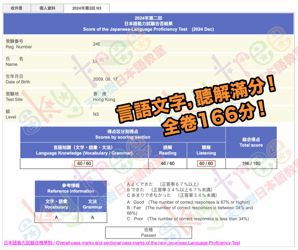 2024 Dec N3 Full Mark in Vocab, Grammar, Listening 15yo